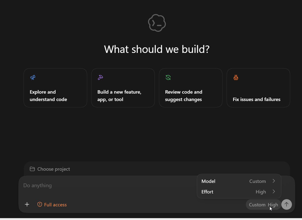 Codex GUI showing Custom model with High reasoning effort