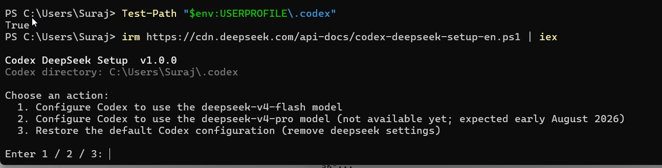 DeepSeek Codex setup showing V4 Flash and V4 Pro options