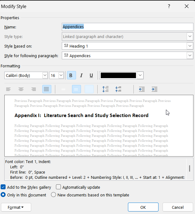 Modify Style for Appendices