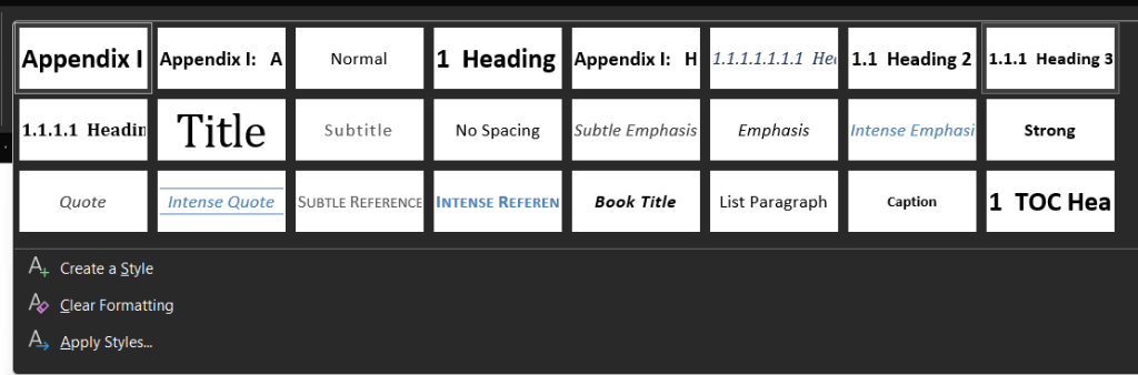 Word Styles Gallery with custom appendix styles