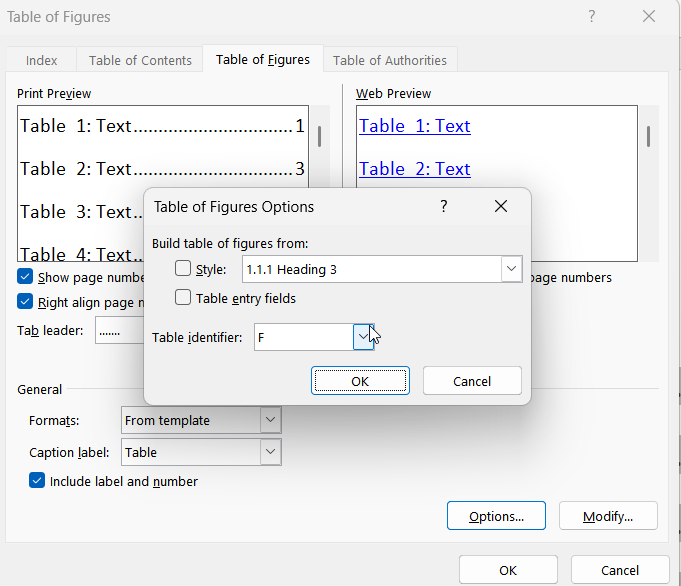 Table of Figures Options dialog