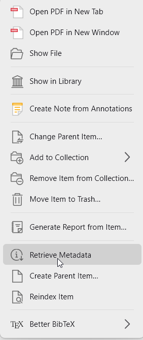Zotero right click menu on a PDF attachment with Retrieve Metadata selected